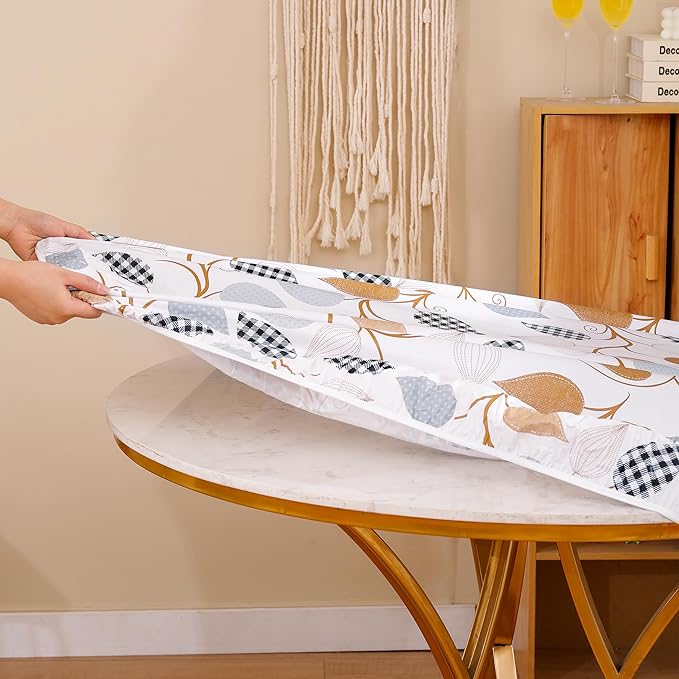 Walrus Round Vinyl Fitted Tablecloth with Flannel Backing Elastic Edge Design Table Cover Waterproof Oil-Proof PVC Table Cloth Stain-Resistant Best for 37"-44" Round