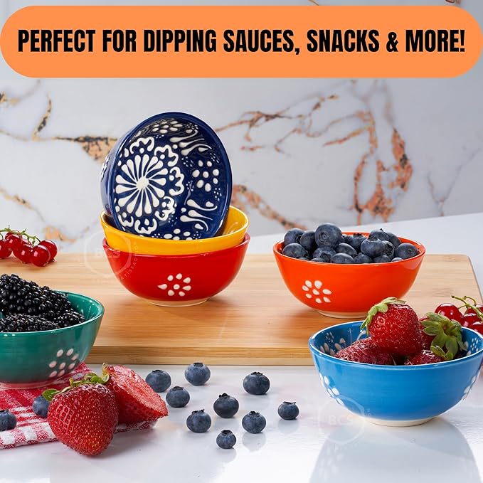 BCS Ceramic Salsa Bowls Set of 6 Small Pinch Bowls for Dipping, Cooking Prep & Charcuterie Board, Soy Sauce Dish, Multicolor Handmade Decorative Mini Serving Dishes Dishwasher Safe (3.2''-3 oz)