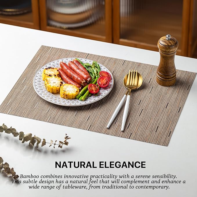 LEXMORE Placemats Set of 8 Vinyl/Plastic Woven Place Mats for Kitchen Table Indoor/Outdoor Washable Placemat Wipeable Dining Table Mats(Light Brown)