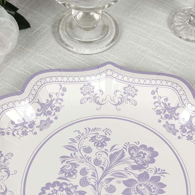 50 Pack 8" White Lavender Lilac French Toile Dessert Plates, Disposable Round Paper Floral Pattern Appetizer Salad Plates 300 GSM for Party Decoration