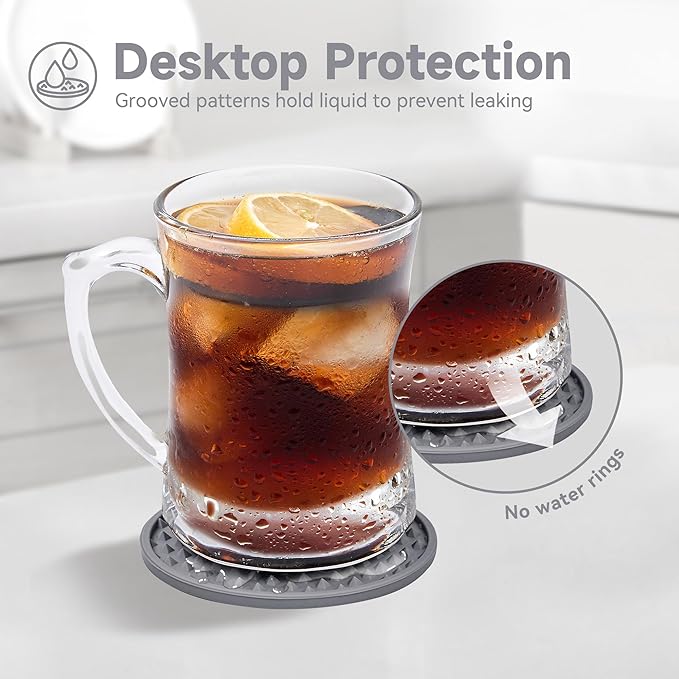 Coasters for Drinks, Silicone Coasters Set of 12 with ABS Holder, Outdoor Coaster for Coffee Table, Non-Slip Rubber Table Cup Mat Desk, Heat Resistant & Scratch-Proof (Grey)