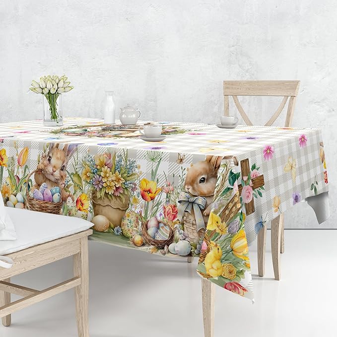 Easter Tablecloth 60 x 104 Inch Rectangle, Easter Bunny Table Cloth Buffalo Check Plaid Kitchen Table Cover for Dining Room Spring Oblong Tablecloth Indoor Decor