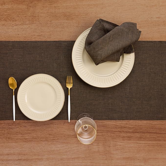 Solino Home Linen Chambray Brown Table Runner 144 Inches Long - Athena, 100% Pure Linen Dining Table Runner 14 x 144 Inch - Handcrafted and Machine Washable