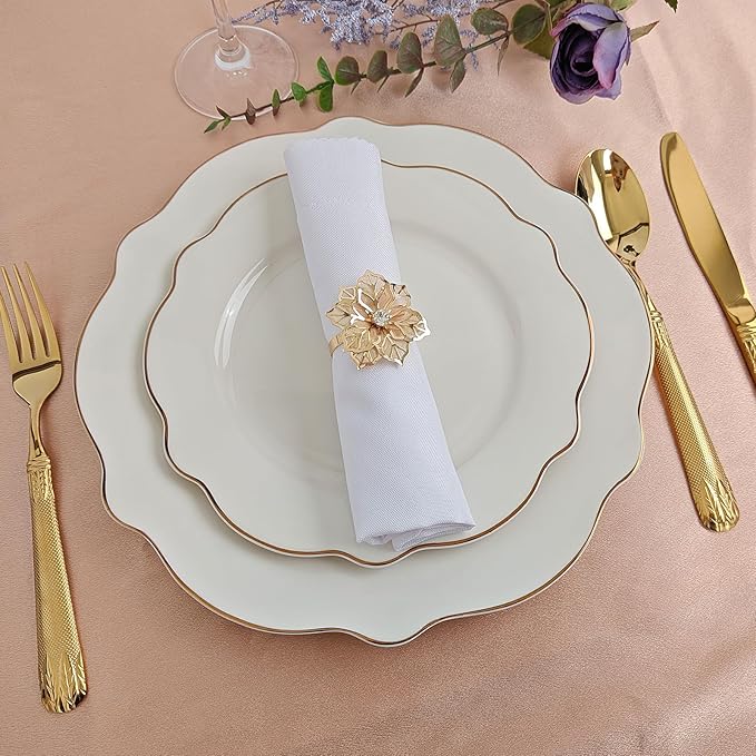 Gold Napkin Rings, Thanksgiving Christmas Napkin Rings Set of 12, Nickel-Plated Steel Table Decor for Festival Party - Floral