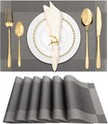 Winknowl Placemats for Dining Table Set of 6 Waterproof, Woven Place Mats for Kitchen Table Vinyl Heat Insulation Stain Resistant Placemats (Gray)