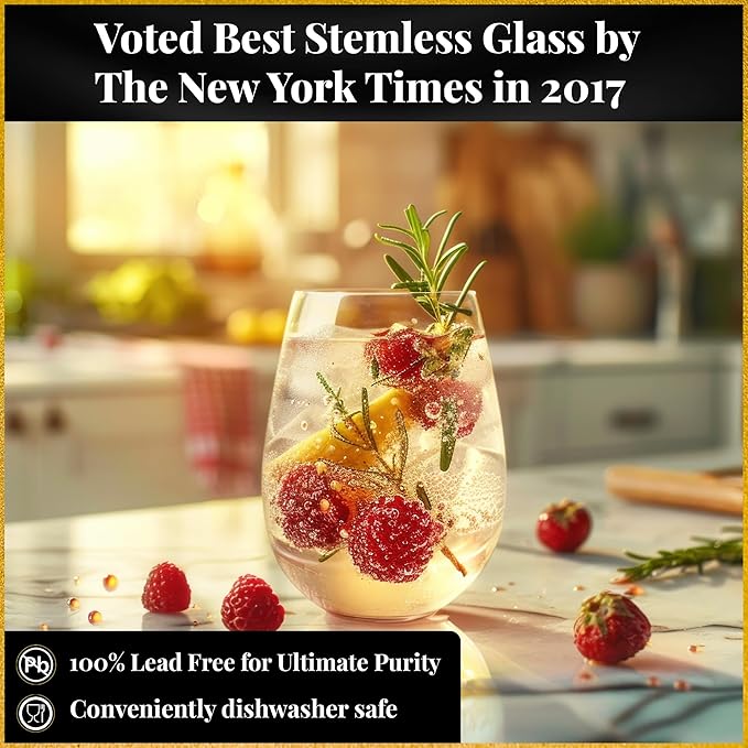 Set of 8 European-Made Stemless Wine Glasses | Named New York Times Best Stemless Glass of 2017 | 17 FL Oz. | 100% Lead-Free Crystal | Thin | Dishwasher-Safe | Gift Idea | Perfect for Everyday Use