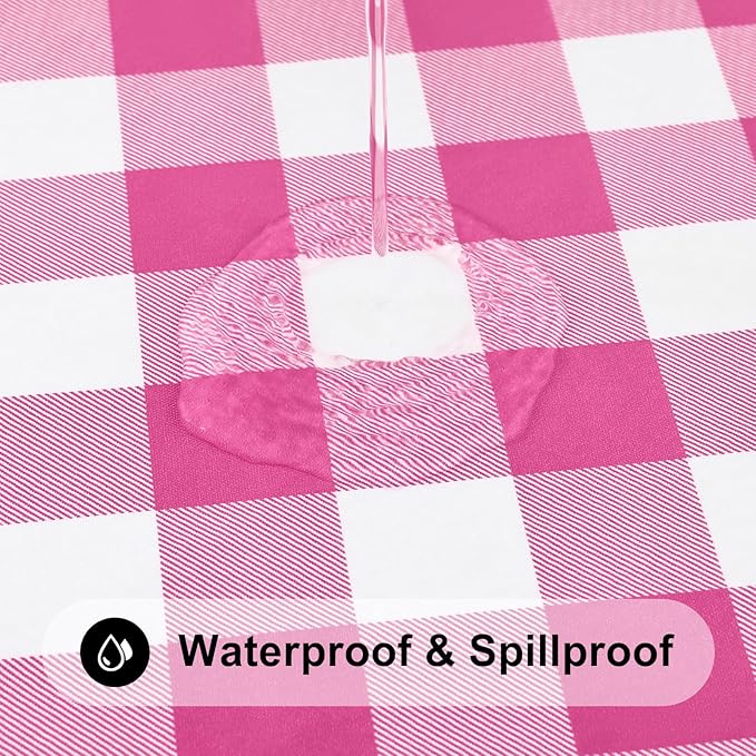 Smiry Rectangle Picnic Table Cloth, Elastic Waterproof Fitted Vinyl Tablecloths, Flannel Backed Buffalo Plaid Table Covers for Dining, Camping, Outdoor (Hot Pink and White, 30" x 72")