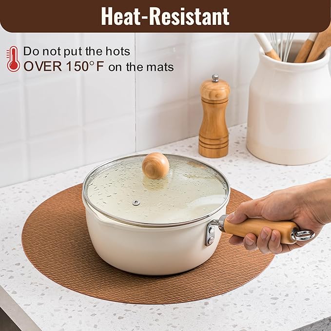 Jovono 15" Faux Leather Big Round Placemats Set of 4 - Washable Heat Resistant Non-Slip Dining Table Mats with Fabric Texture for Kitchen Home Party Decor, Brown
