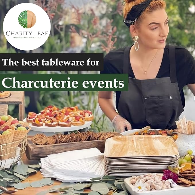 Charity Leaf Disposable Palm Leaf 6" Square Bowl (50 pcs) Dipping Bowls | Bamboo Like| All Natural and Biodegradable | Charcuterie Boards, BBQs, and Parties
