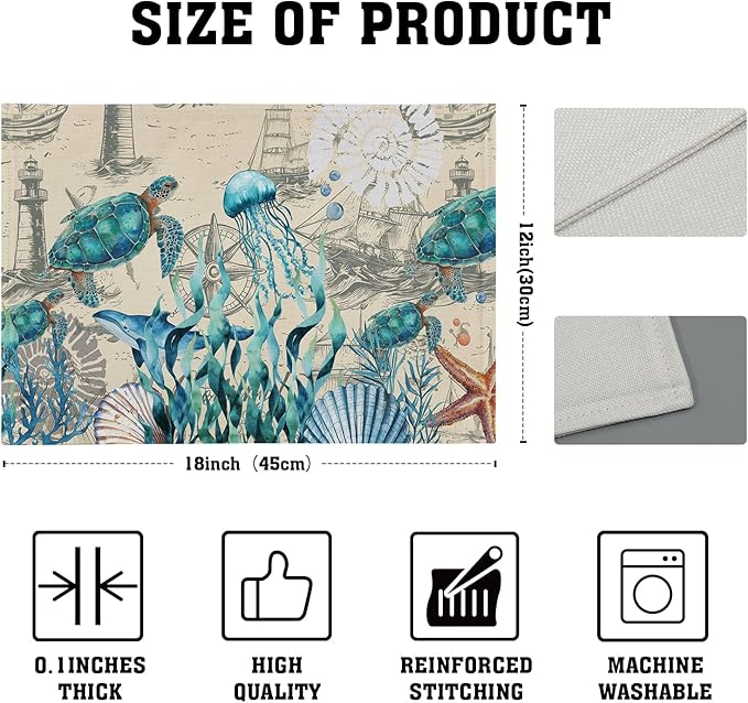 Nautical Placemats Set of 4 - Vintage Coastal Place Mats 12x18 Sea Turtle Table Mats Beach Kitchen Mats for Party Dining Table