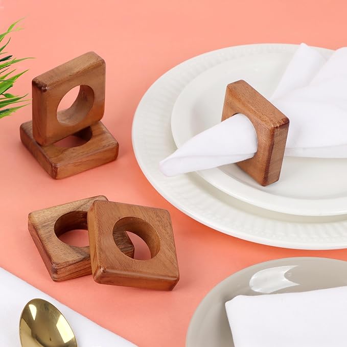 CLEENTABLE Wooden Napkin Rings Set of 12 Fall Decor for Home Square Acacia Wood Napkin Holders for Dining Table Settings Wood Napkin Ring Rustic Table Décor for Weddings, Parties, and Everyday Use