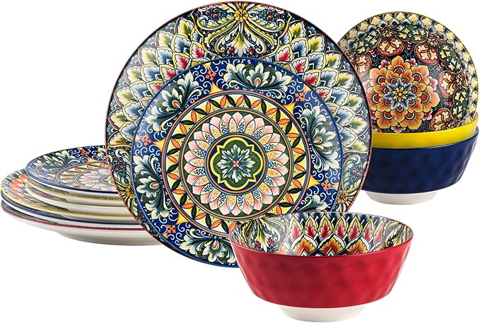Henten Home Ceramic 12 Pieces Dinnerware Sets, Bohemia Dinner Plates, Soup Bowls, Porcelain Dinnerware Set for 4, Microwave & Dishwasher Safe, Scratch Resistant