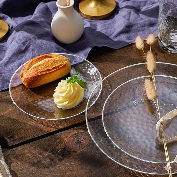 R-kay 100 Pack Silver Plastic Plates - 6 Inch Hammered Silver Rimmed Sturdy, Durable And Extra Heavy duty Silver Plastic Dessert Plates Disposable - Appetizer Plates Disposable For All Occasions