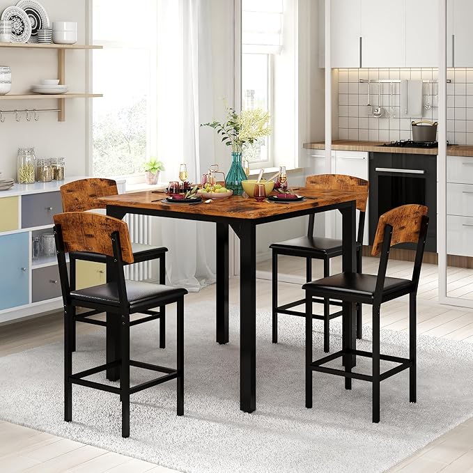 AWQM 5-Piece Dining Table Set, Dining Table Set for 4, Counter Height Table & 4 Bar Stools, Modern Kitchen Dining Set, with Upholstered Chairs, Compact Dining Set for Small Spaces (Walnut Color)
