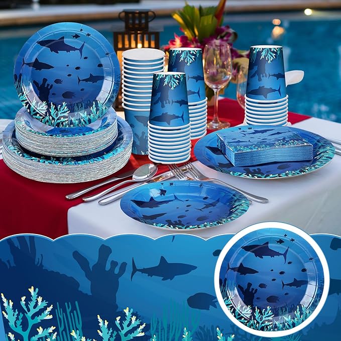 200 Pieces Party Supplies Tableware Set Patterns Printed Plates Napkins Cups Table Decorations for Baby Shower Birthday Party (Sea Style)