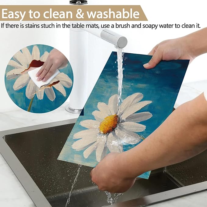 Table Placemats Set of 6, Waterproof Linen Fabric, Non-Slip Backing & Easy Clean, Elegant Dining Table Protectors for Family and Guests(Vintage Daisy Flower)