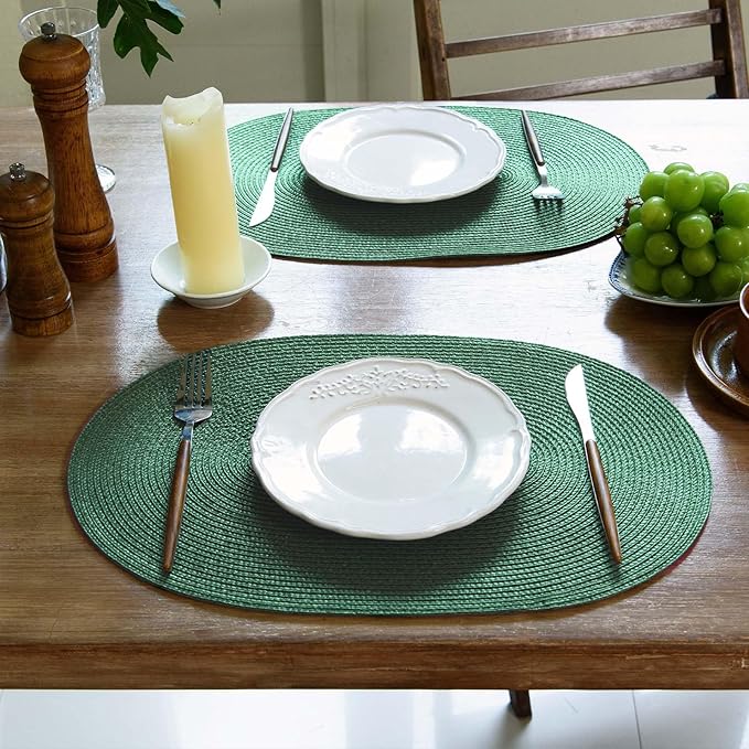 FunWheat Oval Braided Placemats Set of 6 Table Mats for Dining Tables Washable Heat Resistant Place Mats for Indoor Outdoor Use 12 x18 Inch (Oval Black Green, 6pcs)