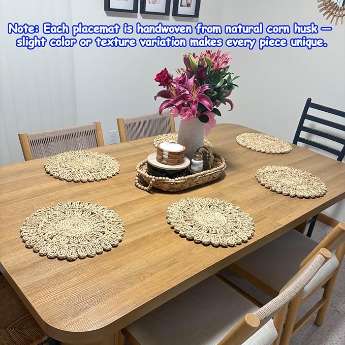13.8" Round Corn Husk Placemats | Boho Woven Rattan Table Mats | Natural Spring Farmhouse Plate Chargers | Handmade Rustic Wicker Place Mats for Christmas Wedding (Set of 6)