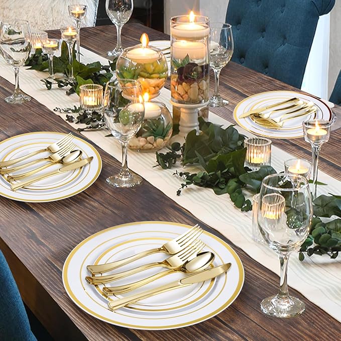 BESTVIP 600PCS Gold Plastic Plate Set (100 Guests), Plastic Plates for Party Wedding Birthday, Disposable Dinnerware Set of 200 Plates, 200 Forks, 100 Spoons, 100 Knives for Christmas