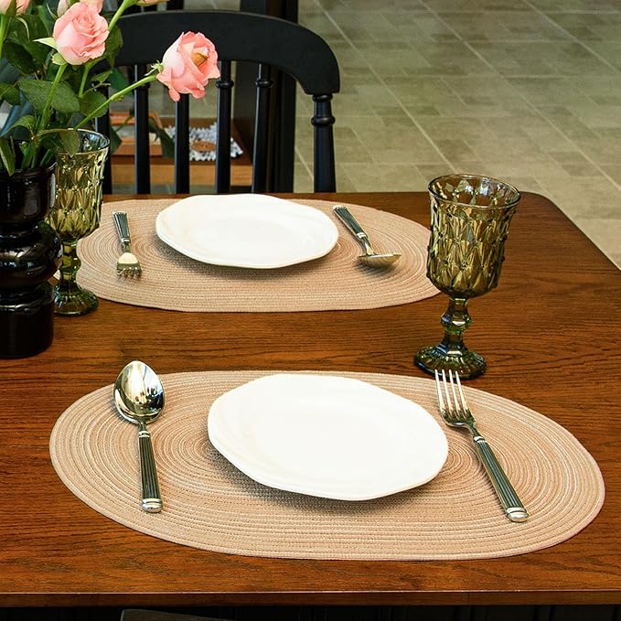 Noctiflorous Oval Braided Placemats Set of 4 Woven 12x18 Inch Non Slip Washable Heat Resistant Place Mats Round Tablemats for Dining Kitchen Party Daily Table Decor Dinner Mats (Beige Brown, 4)