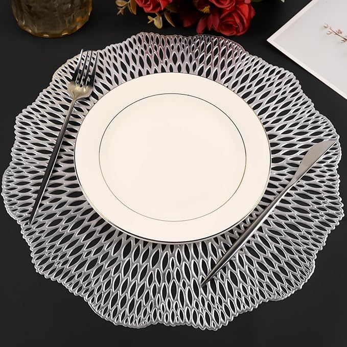 Round Placemats Set of 6, Hollow Out Table Mats Washable Wipeable Vinyl Place Mats for Wedding Party Kitchen Decorations
