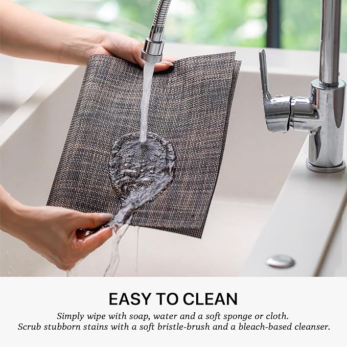 LEXMORE Placemats Set of 6 Vinyl/Plastic Woven Place Mats for Kitchen Table Indoor/Outdoor Washable Placemat Wipeable Dining Table Mats(Black/Brown)