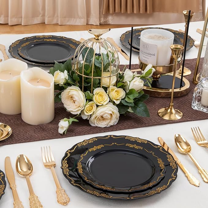 DaYammi 60PCS Black and Gold Plastic Plates, Heavy Duty Black and Gold Disposable Plates Premium 10inch Dinner Plate Hard Plastic Plate Disposable for Party and Wedding