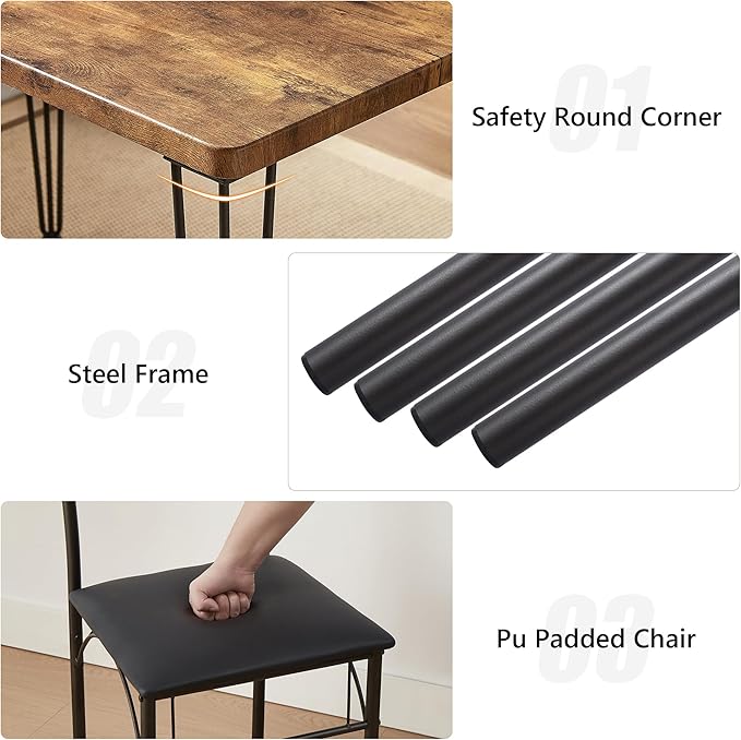 VECELO Dining Table Set for 4, Kitchen Table Set with 4 Chairs for Small Space, Space-Saving and Modern Design, Apartment, Easy to Assemble,Brown