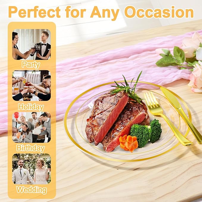 100 PCS Clear Gold Plastic Plates, Disposable Party Plates Include 50 Dinner Plate and 50 Dessert Plate Perfect for Holiday, Birthday, Wedding & Party