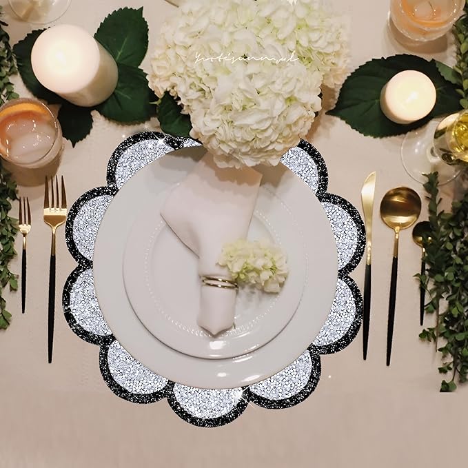 Washable Waterproof Diamond Circle Placemats for Round Tablescape Decor for Dinner and Kitchen Bling Placemats for Weddings & Special Events -8PCS (Silver and Black)