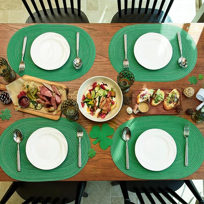 Noctiflorous Oval Braided Placemats Set of 4 Woven 12x18 Inch Non Slip Washable Heat Resistant Place Mats Round Tablemats for Dining Kitchen Party Daily Table Decor Dinner Mats (Green Shine, 4)