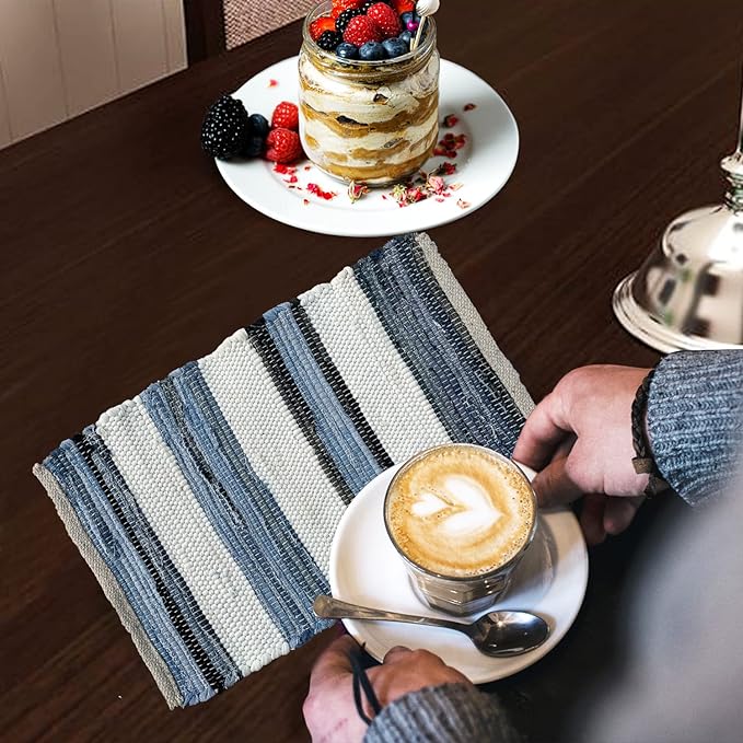 Perilla Home Natural Chindi Jute Placemats Set of 4 Vintage Boho 13x19 Inch Table Mats for Kitchen Dining Home Decor Rectangle Printed Rustic Placemat (Nagiso)