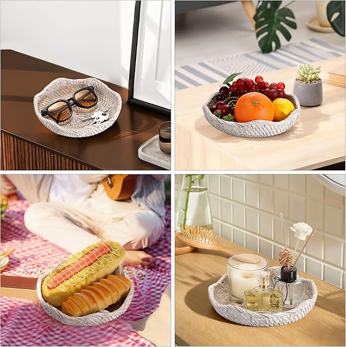 Hipiwe Handwoven Rattan Basket Tray Decorative Key Tray for Entryway Table Handwoven Wicker Storage Bowl for Fruit Bread Candy, Whitewash 7.9 Inch