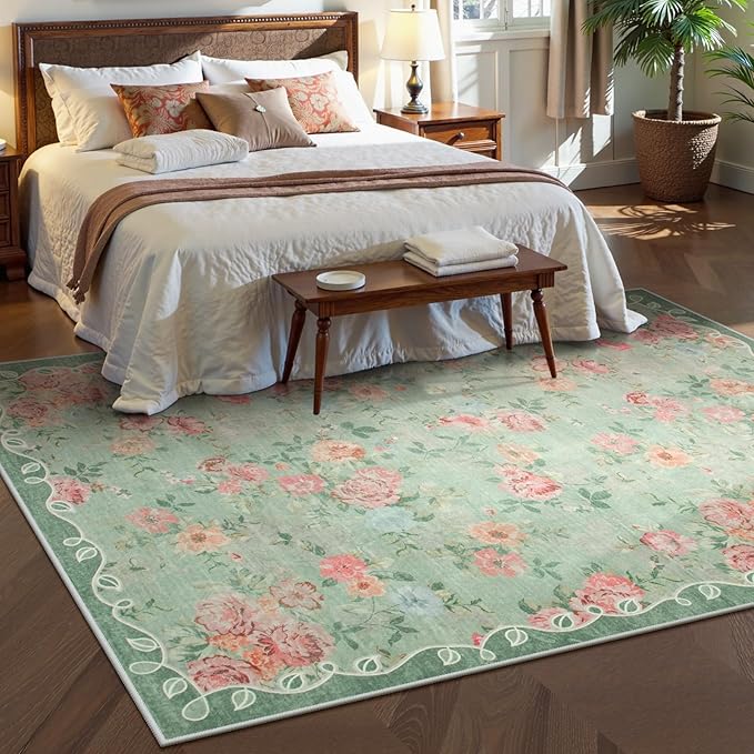 Lahome Floral Living Room Rugs 6x9 Area Rugs, Vintage Green Rugs for Bedroom,Low Pile Ultra-Thin Carpet for Farmhouse Dining Room Kids Playroom(6'X9',Green)