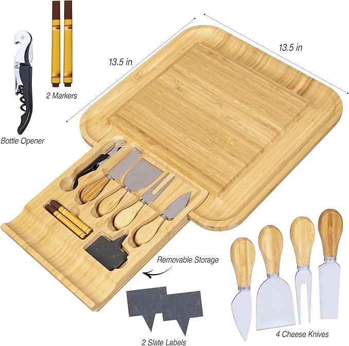 Personalized Bamboo Cheese Board Gift Set – Custom Engraved Charcuterie Board with Cheese Knives, Romantic Valentine’s Day Gift for Couples