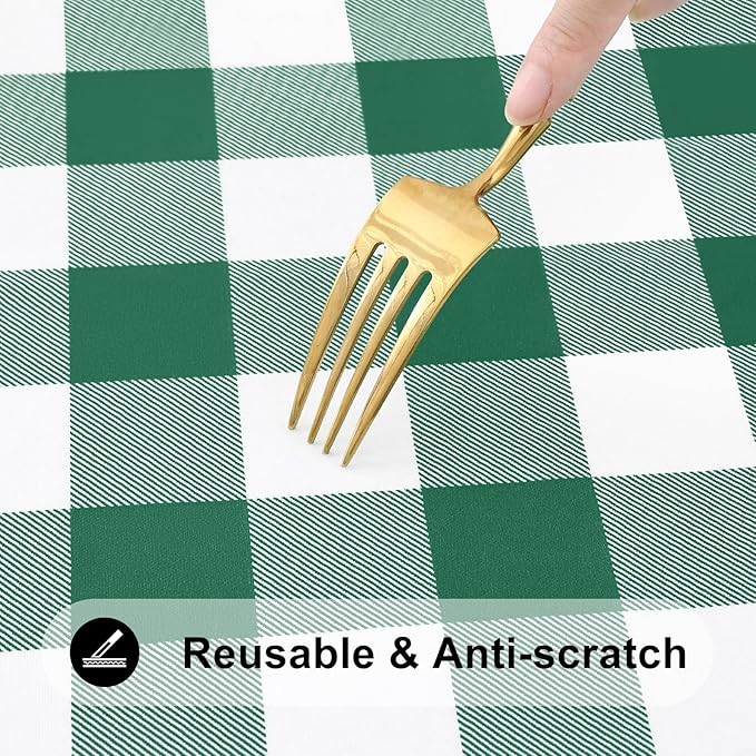 Smiry Rectangle Picnic Table Cloth, Elastic Waterproof Fitted Vinyl Tablecloths, Flannel Backed Buffalo Plaid Table Covers for Dining, Camping, Outdoor (Emerald Green and White, 30" x 96")