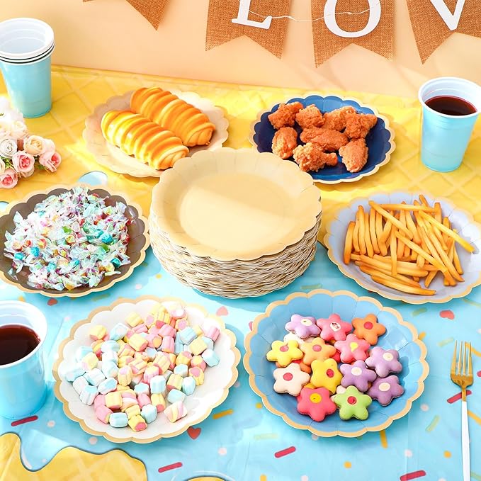 96 Pcs Blue Brown Paper Plates 9 Inch Gradient Scalloped Paper Plates Disposable Dinner Dessert for Birthday Wedding Bridal Party Supplies, 6 Colors