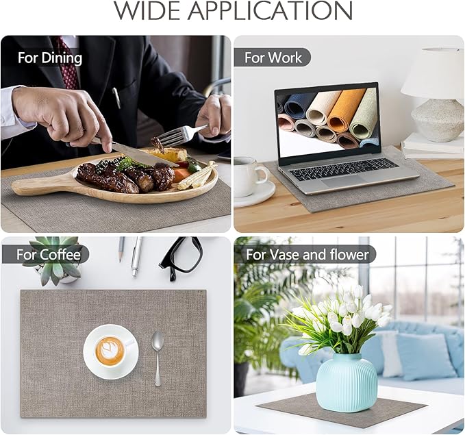 Faux Leather Placemats Set of 6 Washable PU Table mats for Kitchen Table - Heat Resistant, Waterproof, Easy Clean, Anti Slip 11.8" x 17" (Light Brown-6 Pack)