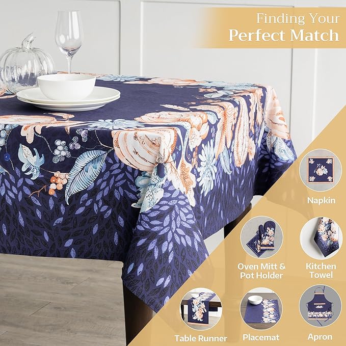 Maison d' Hermine Table Cloth Square Table 100% Cotton 54 x 54 Inches Fall Tablecloth Reusable Everyday Use for Thanksgiving Christmas Decorations Dining Farmhouse Party (Pumpkin Blues)