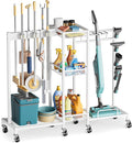 Broom Holder with Cleaning Supplies Organizer, Broom Closet Storage Cabinet with Cleaning Caddy Vacuum Stand, Cleaning Cart with Mop Hanger Gripper Rack Hook, Laundry Room Organization Home Essentials