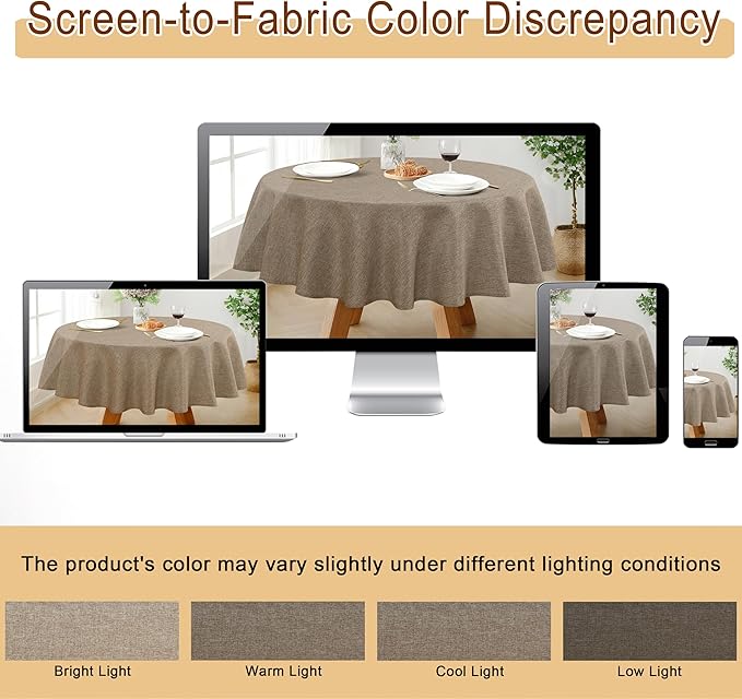 JIUZHEN Round Table Cloth Faux Linen Farmhouse Tablecloth Wrinkle & Stain Resistant Table Cover for Kitchen Dining, Holiday Party Dinner, Khaki, 108 Inch Round