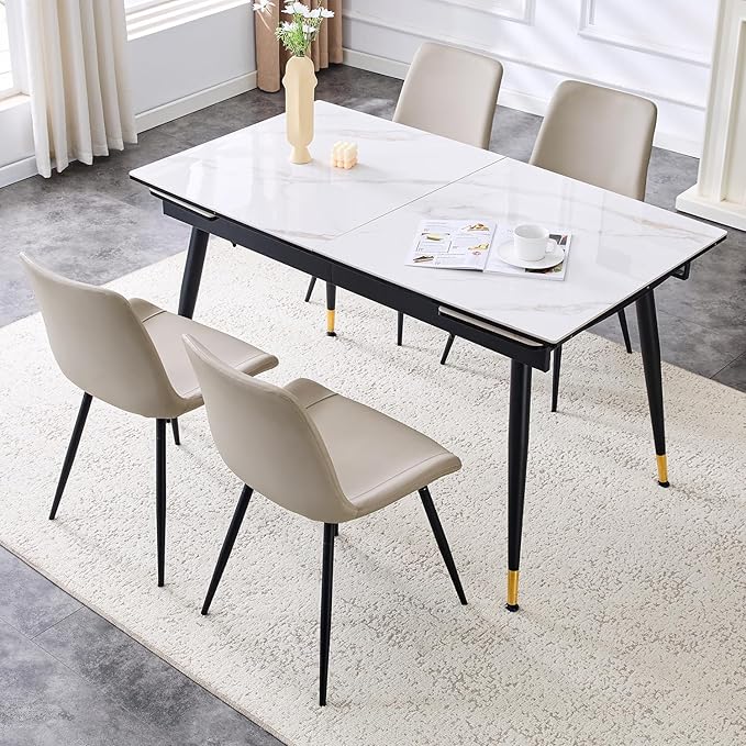 Extendable Dining Table Set for 4, 55'' to 78.8'' Rectangular Thickened Sintered Stone Kitchen Table with 4 Upholstered Chairs, Modern Space Saving 5-Piece Dinner Table Set
