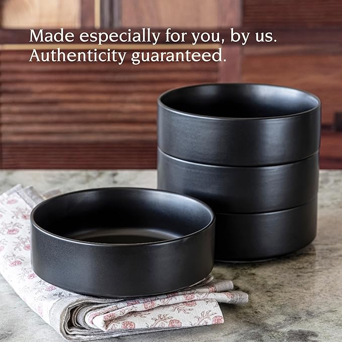 over&back Stackable Cereal Bowl Set - Stoneware Dishes - Comes with 4 Cereal Bowls - Easy-to-Stack Breakfast Place Settings - 6.2" x 6.2" x 2.2" - 25oz - Semi-Matte Black