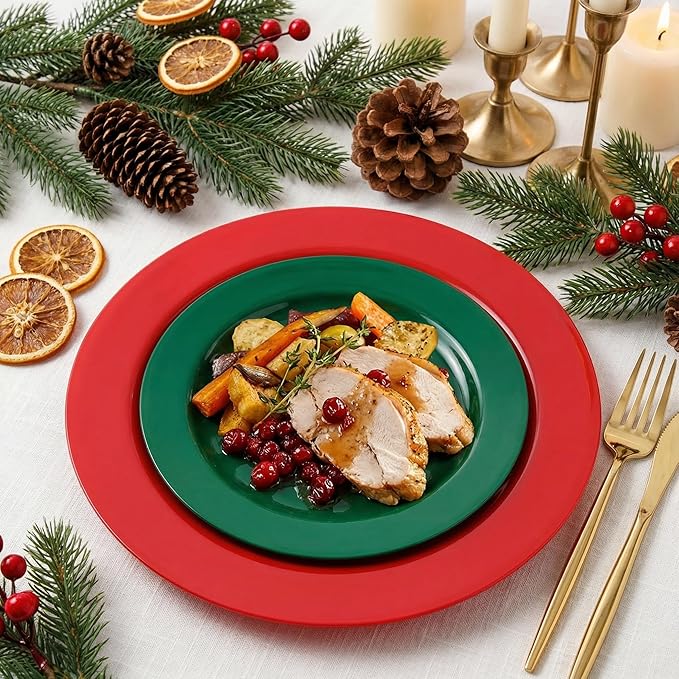 Rubtlamp 60 Pcs Plastic Christmas Plates, Heavy Duty Plastic Plates, Red Green Disposable Plate, 30 Red Dinner Plate And 30 Green Dessert Platos for Chrismas Party, Gatherings, Celebrations