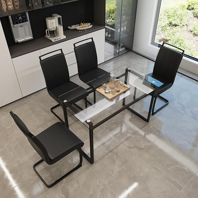 Glass Dining Table Set for 4, Modern Rectangle Dining Table Set for 4, Kitchen Table and Chairs Set for 4 Suitable Living Room,Kitchen,Small Apartment