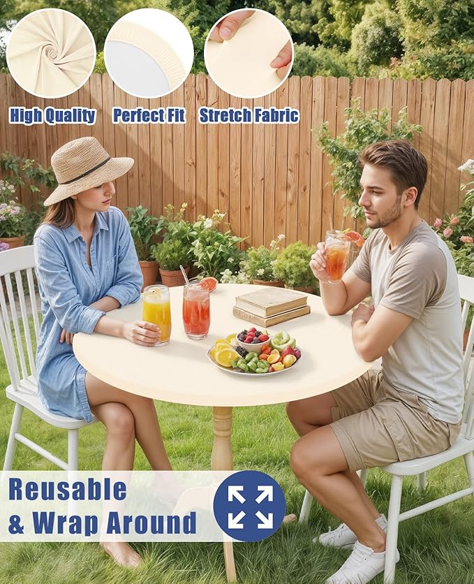 Round Spandex Tablecloth, Elastic Fitted Waterproof Tablecloths for 42"-50" Tables, Stretch Washable Picnic Table Cover for Camping, Dining, Indoor and Outdoor, Beige