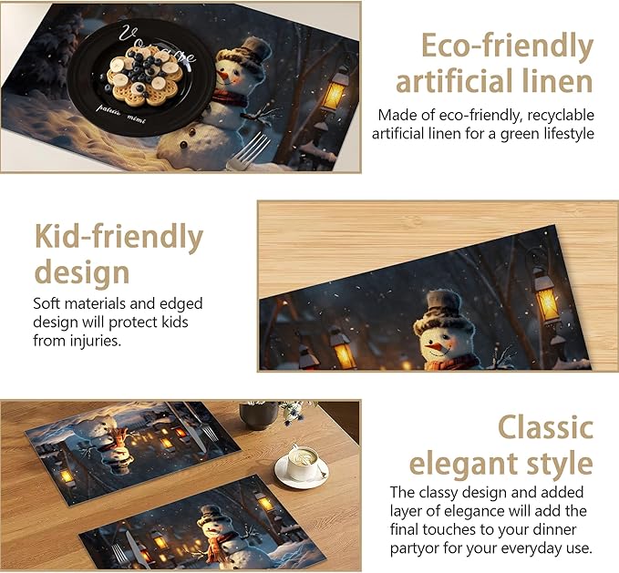 Christmas Snowman Placemats Set of 6, Linen Washable for Christmas, Thanksgiving, Party, and Daily Dining, Decorative Winter Table Mats for 4-6 Person Table