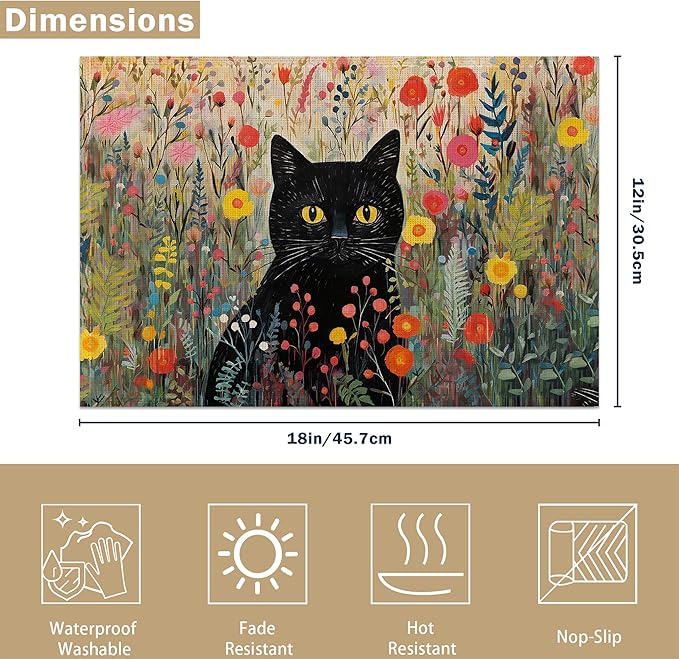 Placemats Set of 6 Cat Flowers Spring Place Mats Washable Kitchen Dining Linen Table Mats Stain Heat, for Home Party Indoor 12x18 in