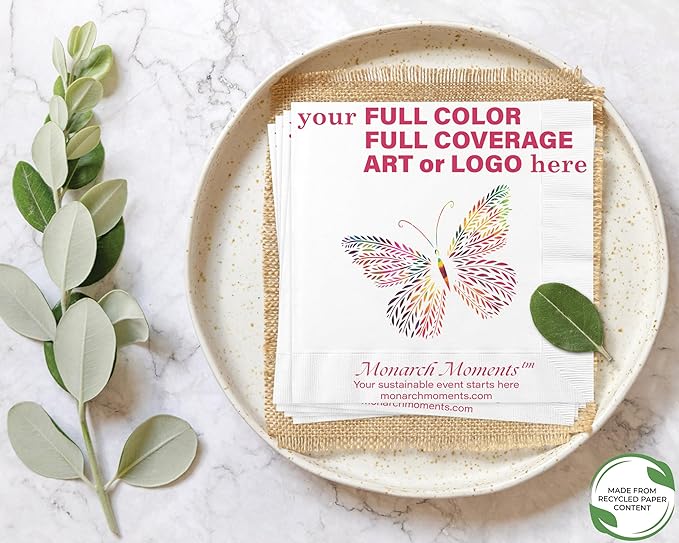 Custom Dinner Napkins - Personalized Recycled Paper Content Napkins - Eco-friendly & Full-Color Digital Printed - Events & Celebrations - Pack of 50 - Coin Edge Embossed Full Coverage, 8"x 8"