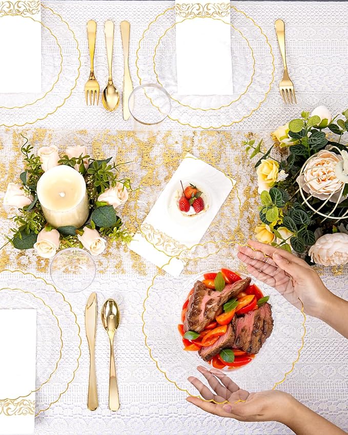 YOUBET 175PCS Gold Scalloped Plastic Plates - Clear and Gold Disposable Dinnerware Set Include 50 Plates, 75 Gold Silverware, 25 Cups, 25 Napkins for Party & Wedding
